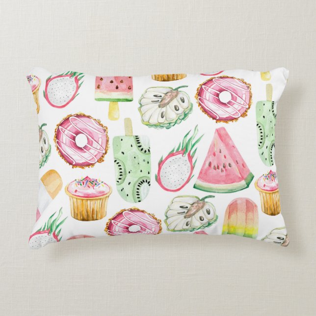 Watercolor tropical fruits, ice cream pattern. accent pillow (Front)