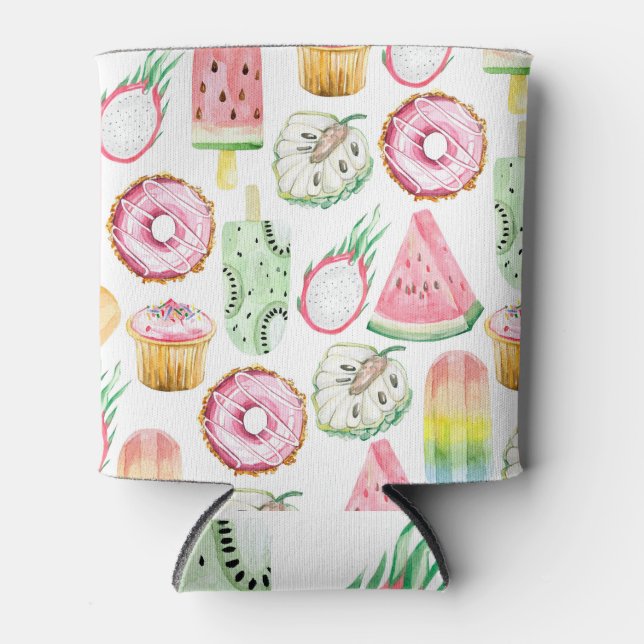 Watercolor tropical fruits, ice cream pattern. can cooler (Front)