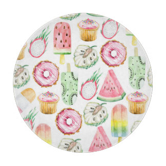 Watercolor tropical fruits, ice cream pattern. cutting board