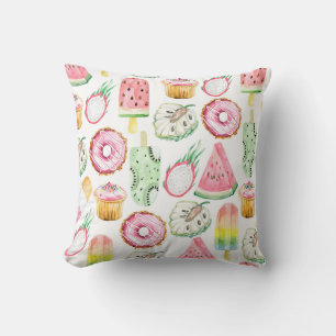 Watercolor tropical fruits, ice cream pattern. throw pillow