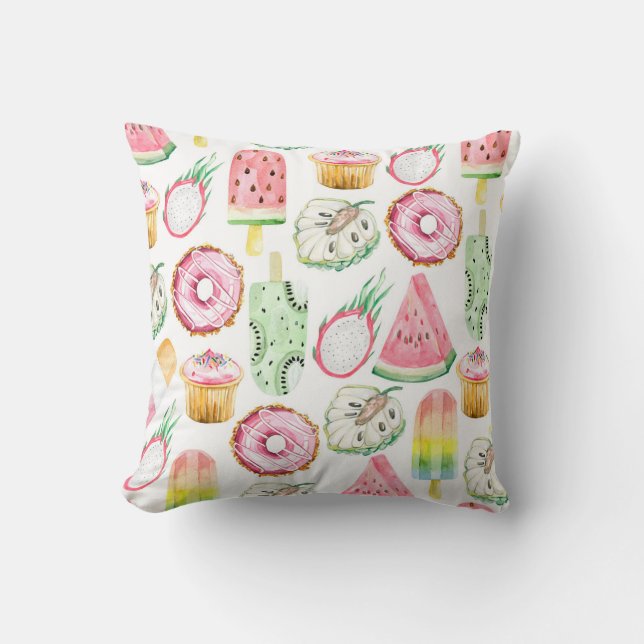 Watercolor tropical fruits, ice cream pattern. throw pillow (Front)