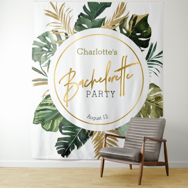 Watercolor Tropical Gold Bachelorette backdrop Tapestry (In Situ)