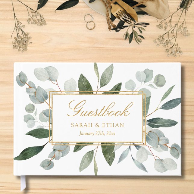 Watercolor Tropical Green Eucalyptus Leaves Guest Book (In situ)