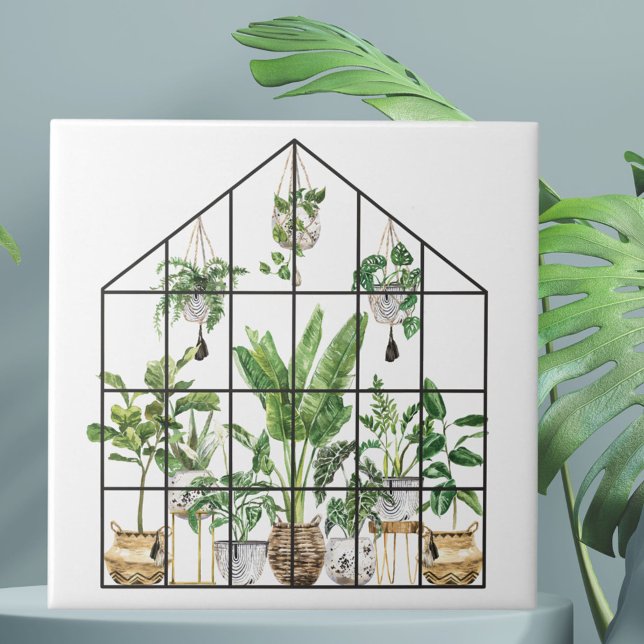 Watercolor Tropical Green Houseplant Gardening Tile (Close up)
