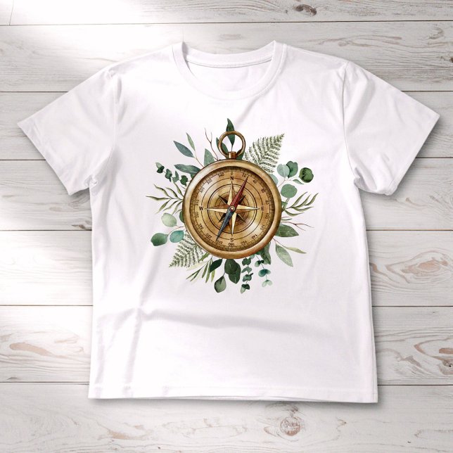 Watercolor Tropical Green Leaves Foliage Compass  T-Shirt (Close up)