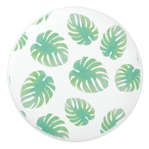 Watercolor Tropical Green Monstera Leaves Ceramic Knob
