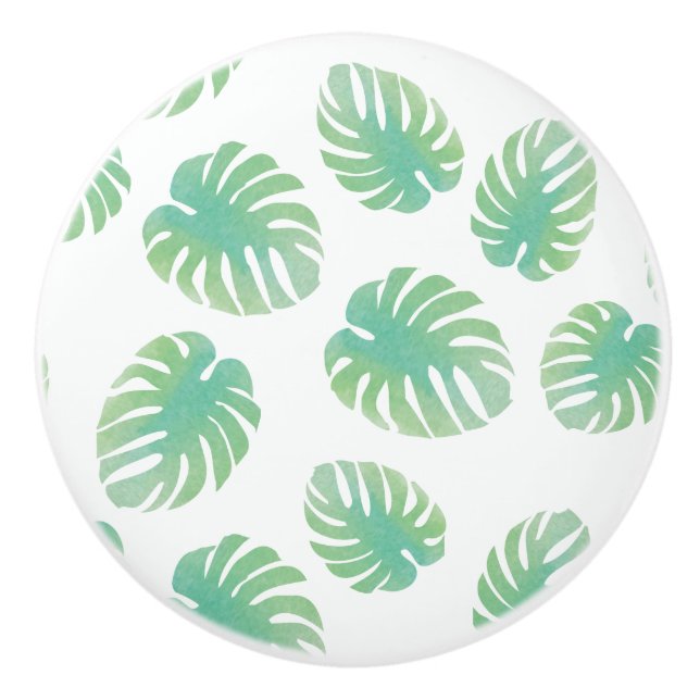 Watercolor Tropical Green Monstera Leaves Ceramic Knob (Front)
