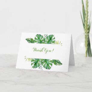 Watercolor Tropical Green Monstera Leaves Wedding Thank You Card