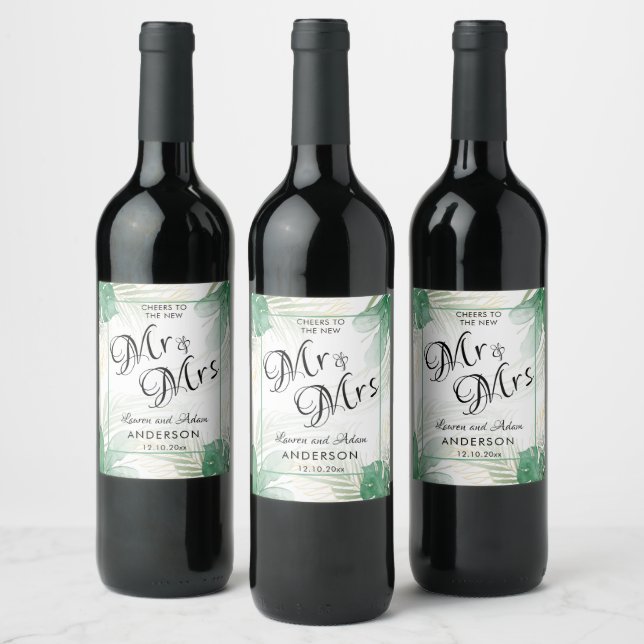 Watercolor Tropical Green Mr & Mrs Wedding  Wine Label (Bottles)