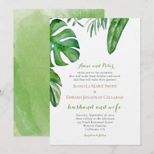 Watercolor Tropical Green Palm Leaves Wedding Invitation