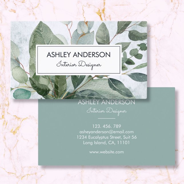 Watercolor Tropical Green Sage Eucalyptus Leaves Business Card (Front and Back)