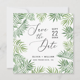 Watercolor tropical greenery. Foliage palm wedding Save The Date