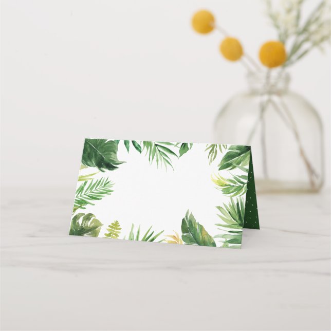 Watercolor Tropical Greenery Frame Place Card (Front)