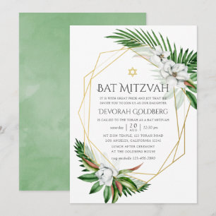 Watercolor Tropical Greenery Geometric Bat Mitzvah Invitation