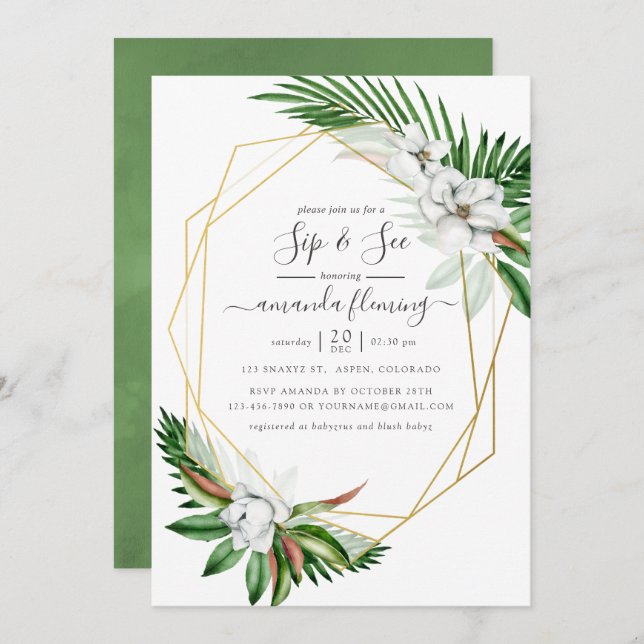Watercolor Tropical Greenery Geometric Sip and See Invitation (Front/Back)