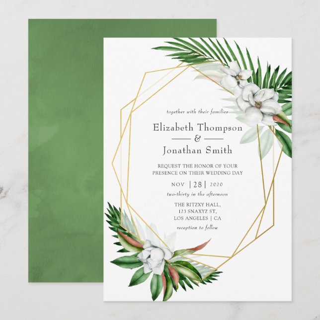 Watercolor Tropical Greenery Geometric Wedding Invitation (Front/Back)