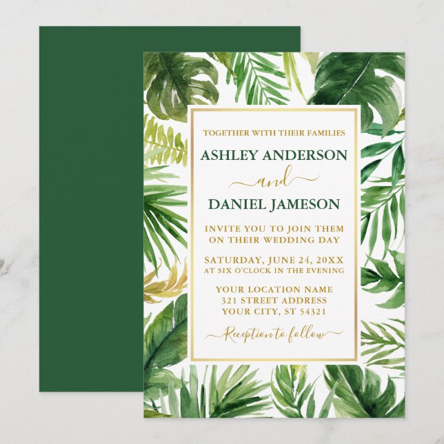 Watercolor Tropical Greenery Gold Wedding Green Invitation (Front/Back)