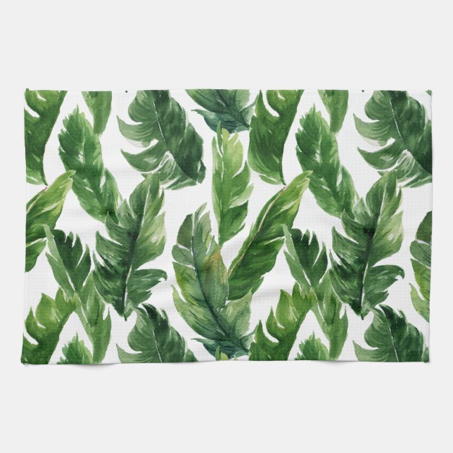 Watercolor Tropical Greenery Leaves Pattern Kitchen Towel (Horizontal)