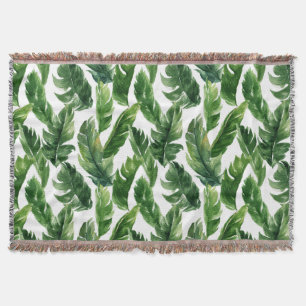 Watercolor Tropical Greenery Leaves Pattern Throw Blanket