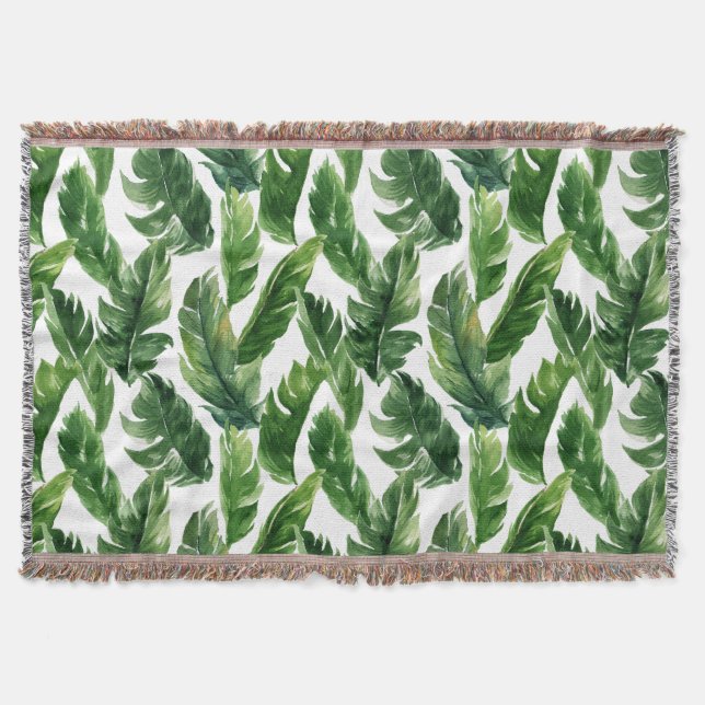 Watercolor Tropical Greenery Leaves Pattern Throw Blanket (Front)