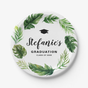 Watercolor Tropical Greenery Wreath Graduation Paper Plate