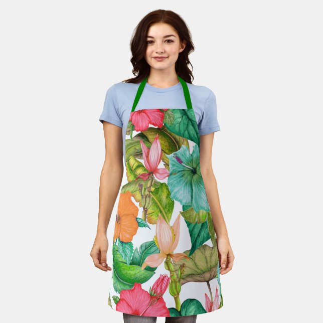 Watercolor Tropical Hibiscus Floral Pattern Apron (Worn)