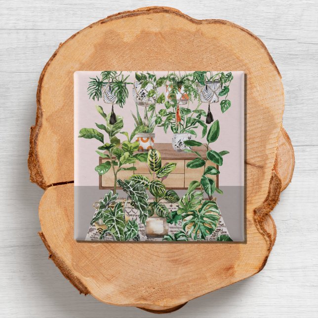 Watercolor Tropical Houseplants 2 Inch Square Button (Close up)