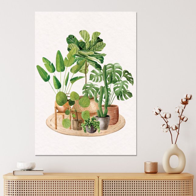 Watercolor Tropical Houseplants Canvas Print (In situ boho interior)