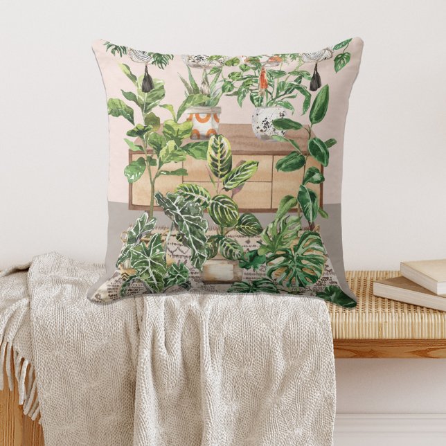 Watercolor Tropical Houseplants Throw Pillow (In situ on bench)