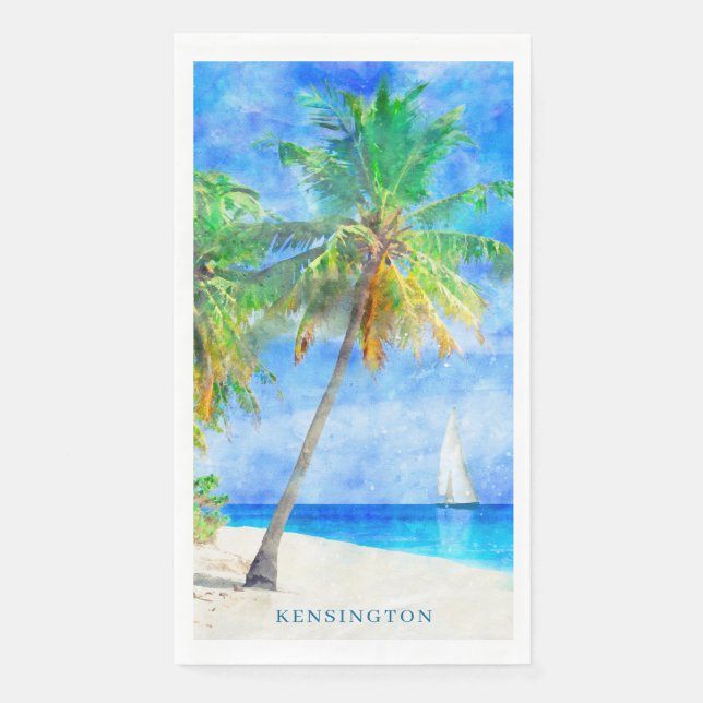 Watercolor Tropical Island Beach Palm Tree Napkin (Front)