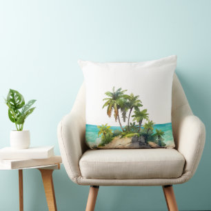 Watercolor Tropical Island Beach Scene Throw Pillow