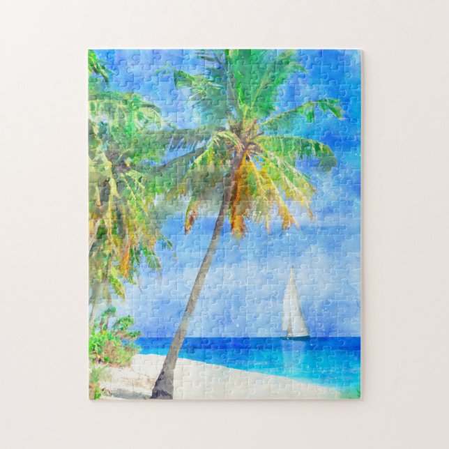 Watercolor Tropical Island Beach with Palm Tree Jigsaw Puzzle (Vertical)