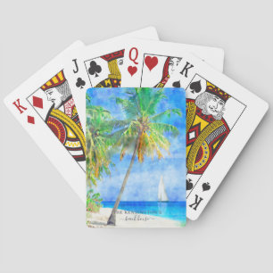 Watercolor Tropical Island Beach with Palm Tree Playing Cards