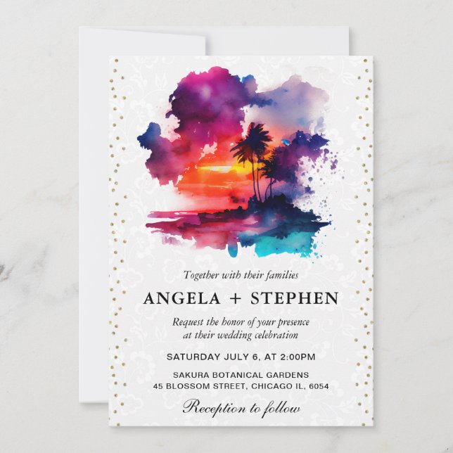 Watercolor Tropical Island Sunset Wedding Invitation (Front)