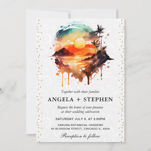 Watercolor Tropical Island Sunset Wedding Invitation (Front)