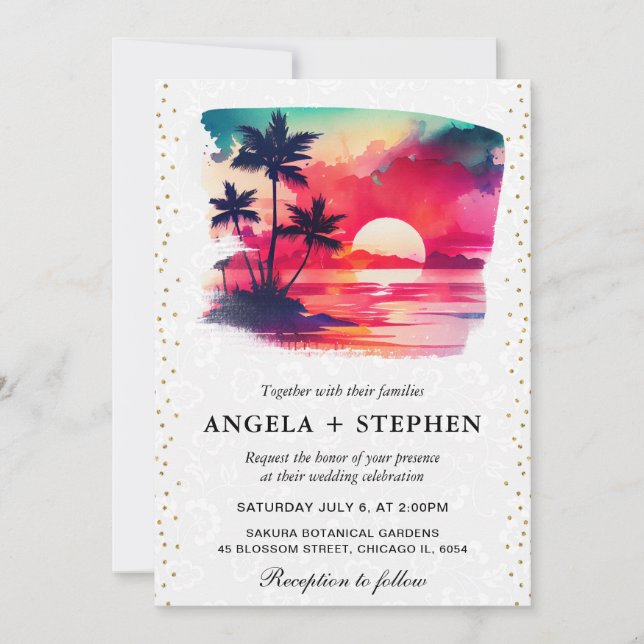 Watercolor Tropical Island Sunset Wedding Invitation (Front)