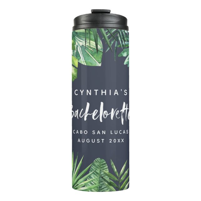 Watercolor tropical leaf bachelorette party thermal tumbler (Front)