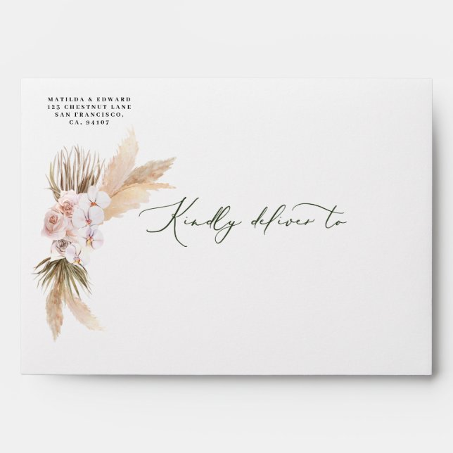 Watercolor tropical leaf orchid pampas grass envelope (Front)