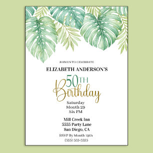 Watercolor Tropical Leaves 50th Birthday Invitation
