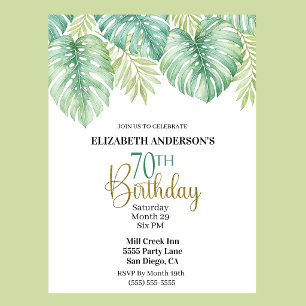 Watercolor Tropical Leaves 70th Birthday Invitation