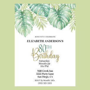 Watercolor Tropical Leaves 80th Birthday Invitation