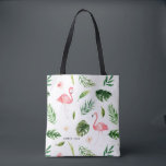 Watercolor Tropical Leaves and Flamingo Tote Bag<br><div class="desc">Customizable all over print tote bag featuring a pattern of watercolor palm leaves,  split leaves,  banana leaves,  palm leaves,  flowers and flamingo. This tote bag is perfect favour bag for summer events. Similar designs are available.</div>