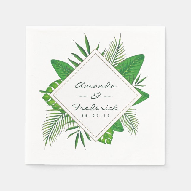 Watercolor Tropical Leaves Beach Wedding Napkin (Front)