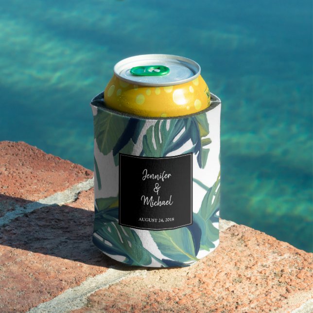 Watercolor tropical leaves bride & groom Wedding Can Cooler (In Situ Pool)