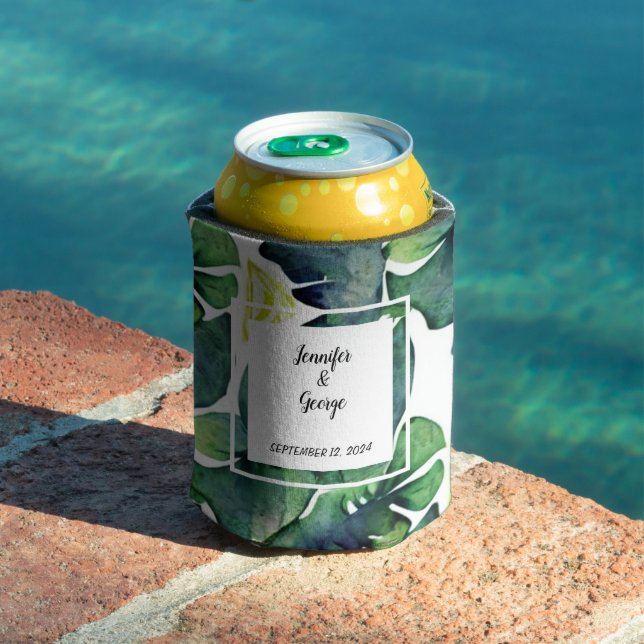 Watercolor tropical leaves bride groom Wedding Can Cooler (In Situ Pool)