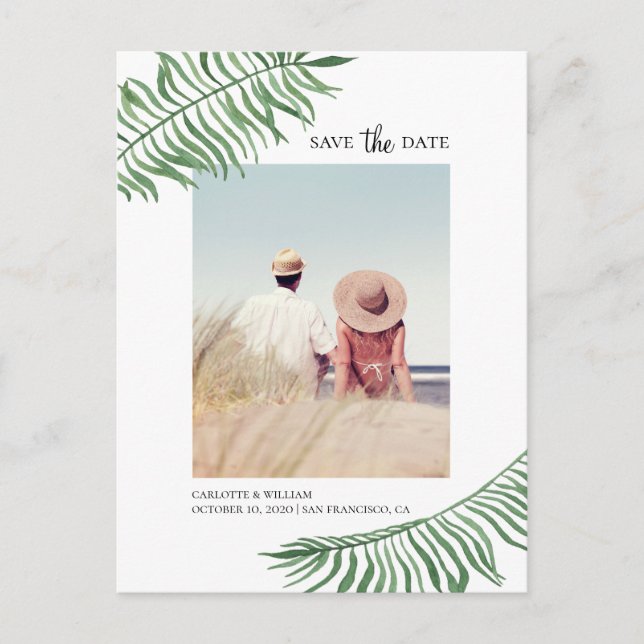 Watercolor tropical leaves. Exotic Save the Date Postcard (Front)