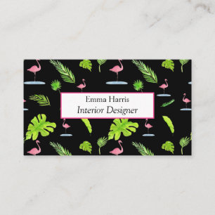 Watercolor Tropical Leaves & Flamingos Business Card