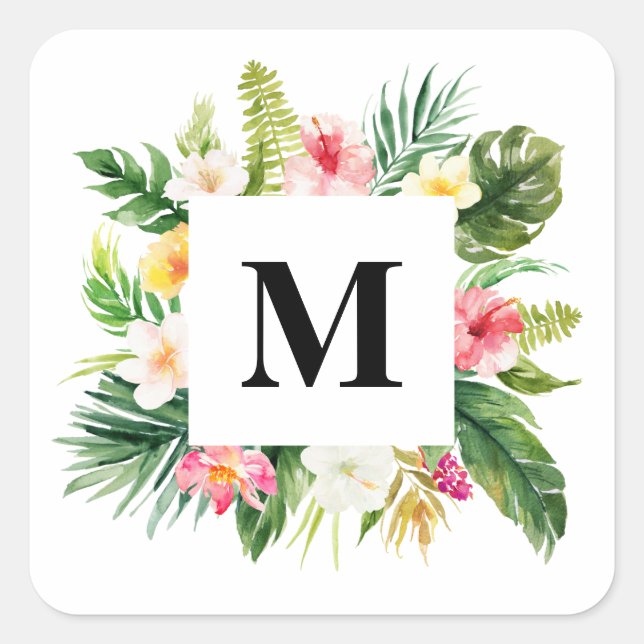 Watercolor Tropical Leaves & Floral Frame Monogram Square Sticker (Front)