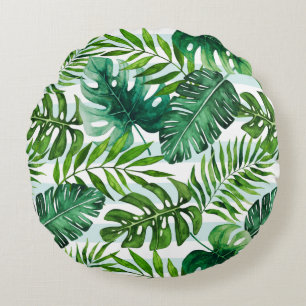 Watercolor Tropical Leaves Green Contemporary Round Pillow