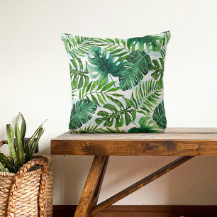 Watercolor Tropical Leaves Green Modern Throw Pillow